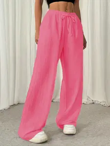 Women's Plus Size Solid Color Woven Wide Leg Pants, Drawstring Waist Adjustable, Wrinkled Texture Aesthetic Casual Loose Long Pants Fit