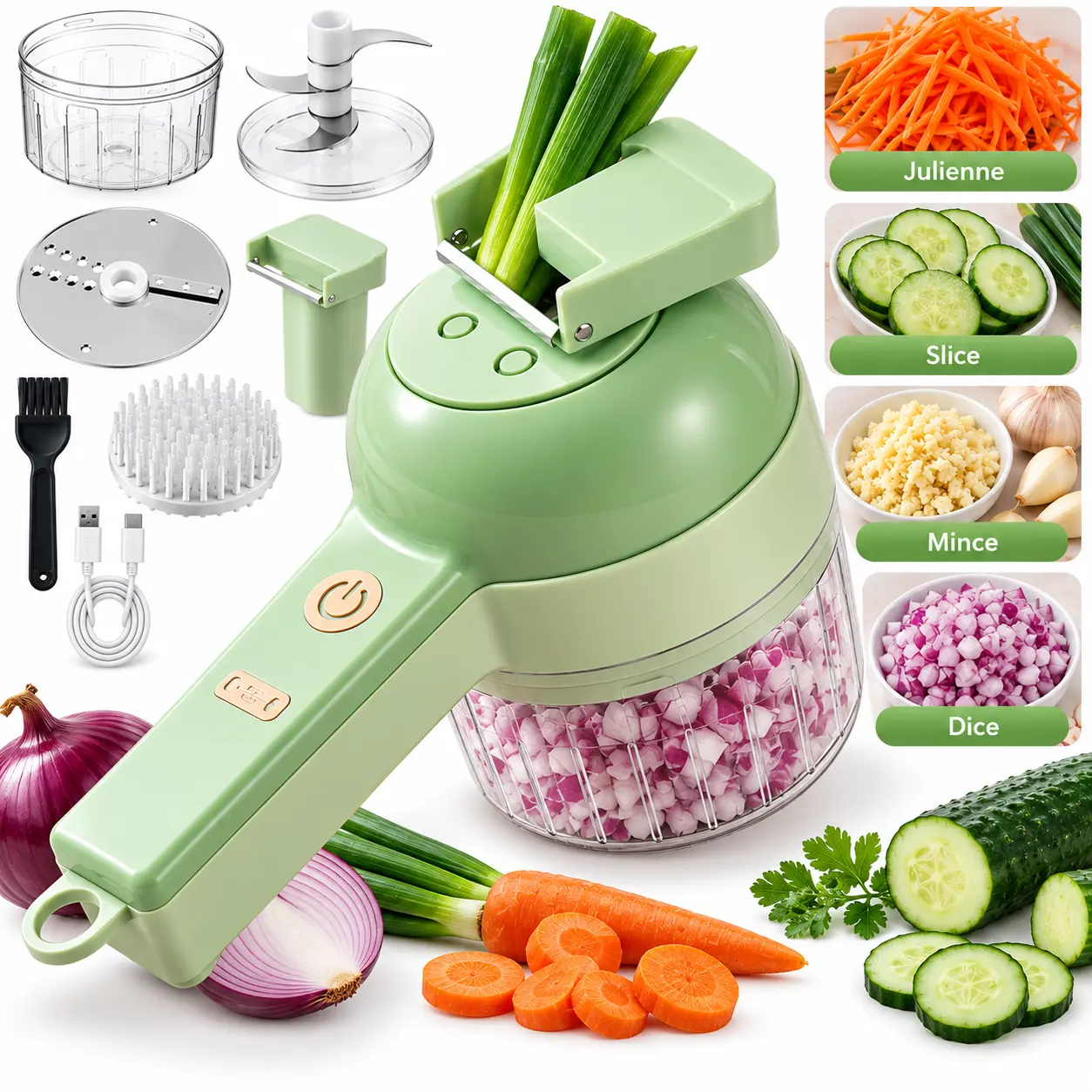 4-in-1 Multifunctional Electric Vegetable Cutter, Handheld Cordless Rechargeable Food Chopper Processor, Onion Dicer Garlic Mincer Veggie Slicer Grater for Home Kitchen Cooking