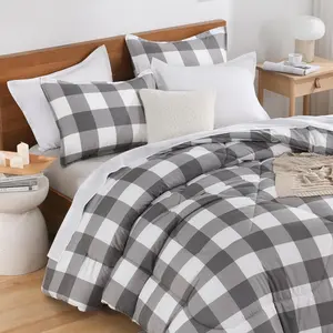 Comforter Twin XL(68x92Inch), Gray White Checkered Gingham Grid Bed Set for Students Boys Kids Teens, 2 Pieces Lightweight Geometric Dorm Bedding