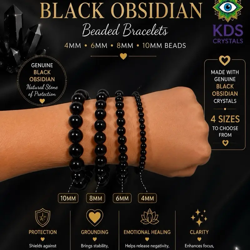 Black Obsidian Bracelet | 4mm 6mm 8mm 10mm | Genuine Black Obsidian Crystal Bracelet | Protection Bracelet | Grounding Crystal Jewelry