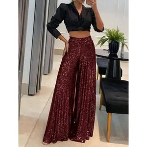 A women's wide-leg version is loose and elegant and inclusive with a good waist elastic design sequin wide-leg trousers, suitable for autumn and winter, suitable for dinner party style, fashionable red carpet style and other styles.