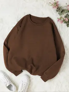 Women's Fall Winter Casual Fashion Loose-Fit Round Neck Pullover Top, Comfortable Solid Color Knitted Long Sleeve Sweatshirt, Everyday Wear, Womenswear