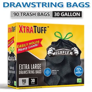 Sturdy Trash Bags, 30gal (113.5L) 90-Count Disposable Black Drawstring Plastic Bags, Non-Tear Leak-Proof Ultra-Strong for Large Kitchen Trash Cans, Easy-to-Use Home Supplies