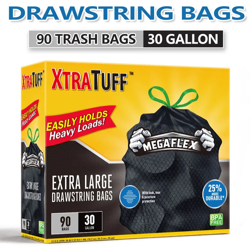 Sturdy Trash Bags, 30gal (113.5L) 90-Count Black Drawstring Disposable Plastic Bags, Non-Tear, Leak-Proof, Ultra-Strong for Large Kitchen Trash Cans, Easy-to-Use Home Care Supplies