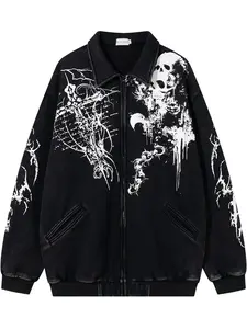 Men's Vintage Washed Tie-Dye Skull Cross Jacket, Casual Fashion Lapel Coat, Trendy Streetwear Outerwear for All Seasons