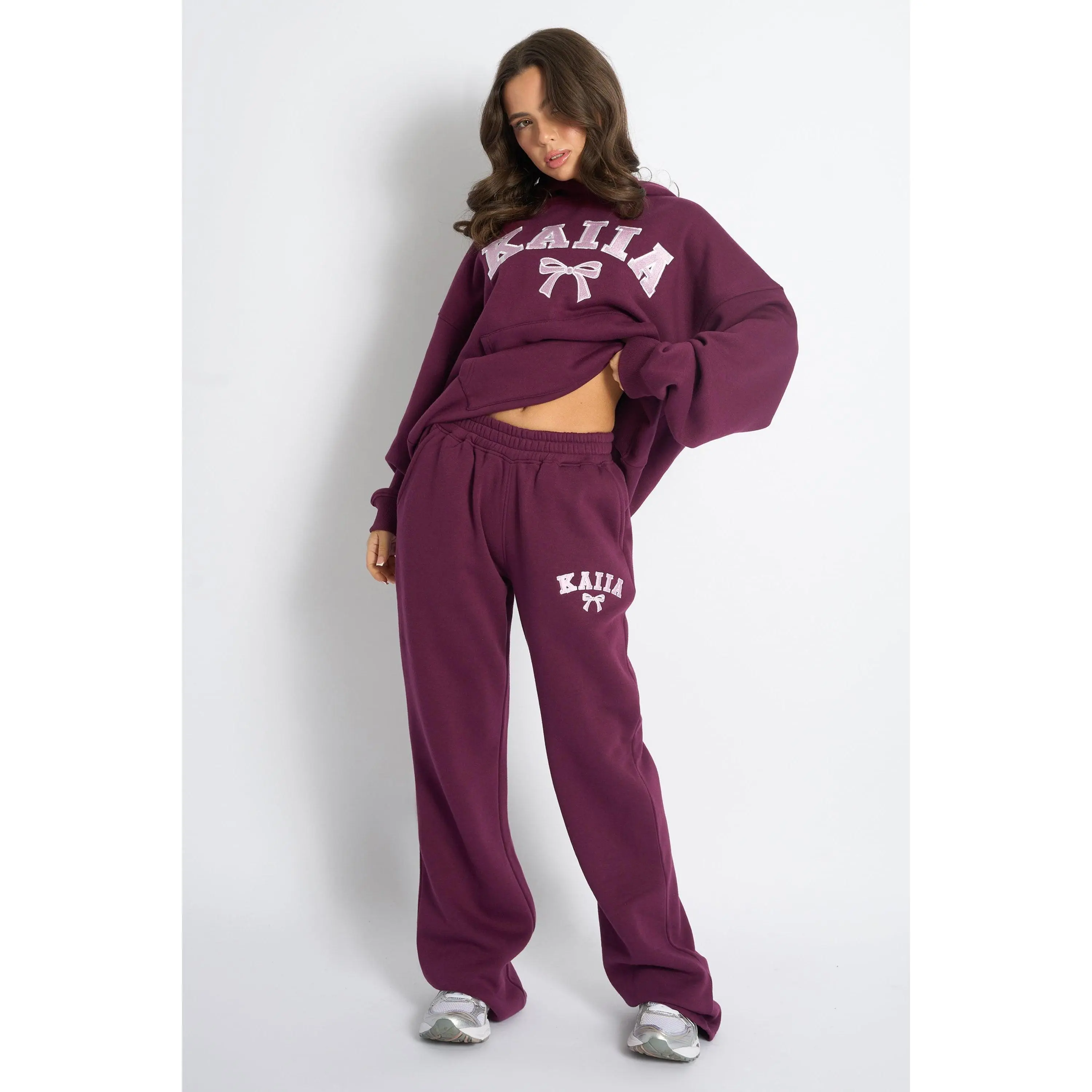 Kaiia Bow Embroidered Ribbed Waistband Wide Leg Joggers Plum & Baby Pink