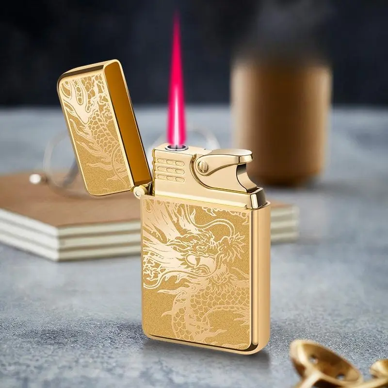 Outdoor metal torch lighter, windproof red flame dragon pattern lighter, butane gas lighter, recycled gas lighter, suitable for outdoor camping barbecue lighter, adjustable flame lighter, the best gift for your boyfriend (butane gas free)