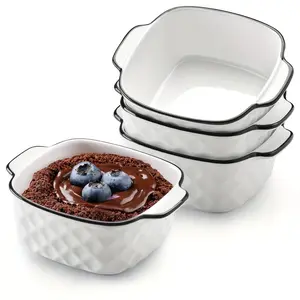 4pcs, 13Oz Ceramic Baking Dishes, 5.7X4.5X2.2'' Square Baking Dishes - Diamond Design, 400Ml Small Baking Dish for Air Fryer, Ceramic Bakeware with Handles, Oven-Safe & Microwave-Safe