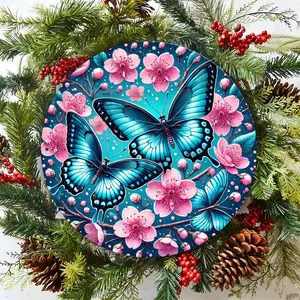Vibrant Blue Butterflies and Pink Cherry Blossoms Round Tin Metal Sign Wall Art Home Garden Cafe Decor Spring Festival Gift