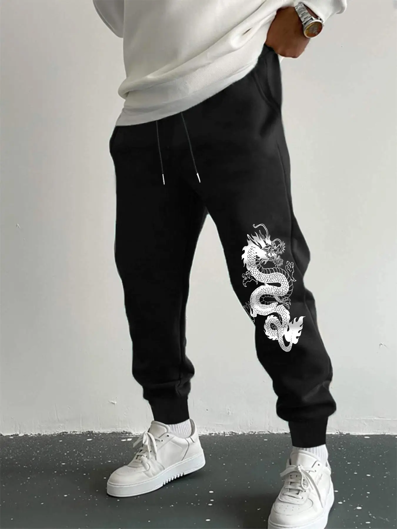 Men's Dragon Print Drawstring Sweatpants, Street Pocket Elastic Waist Trousers, Men's Clothes for Outdoor