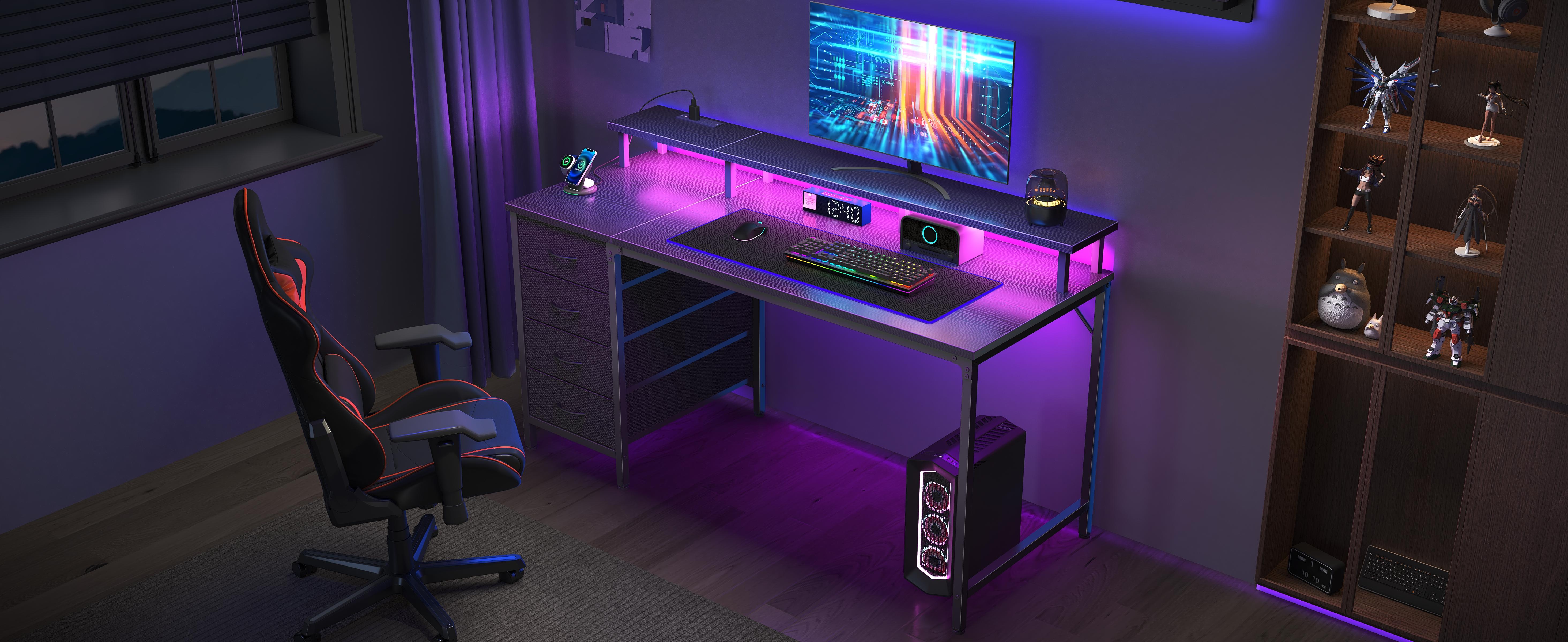 Computer Desk with Power Outlets and LED Lights, Gaming Desk with 4 Drawers, Office Desk with Monitor Stand, Study Work Home Office, Small Spaces, Black Computer Desk with Power Outlets and LED Lights, Gaming Desk with 4 Drawers, Office Desk with Monitor Stand, Study Work Home Office, Small Spaces, Black