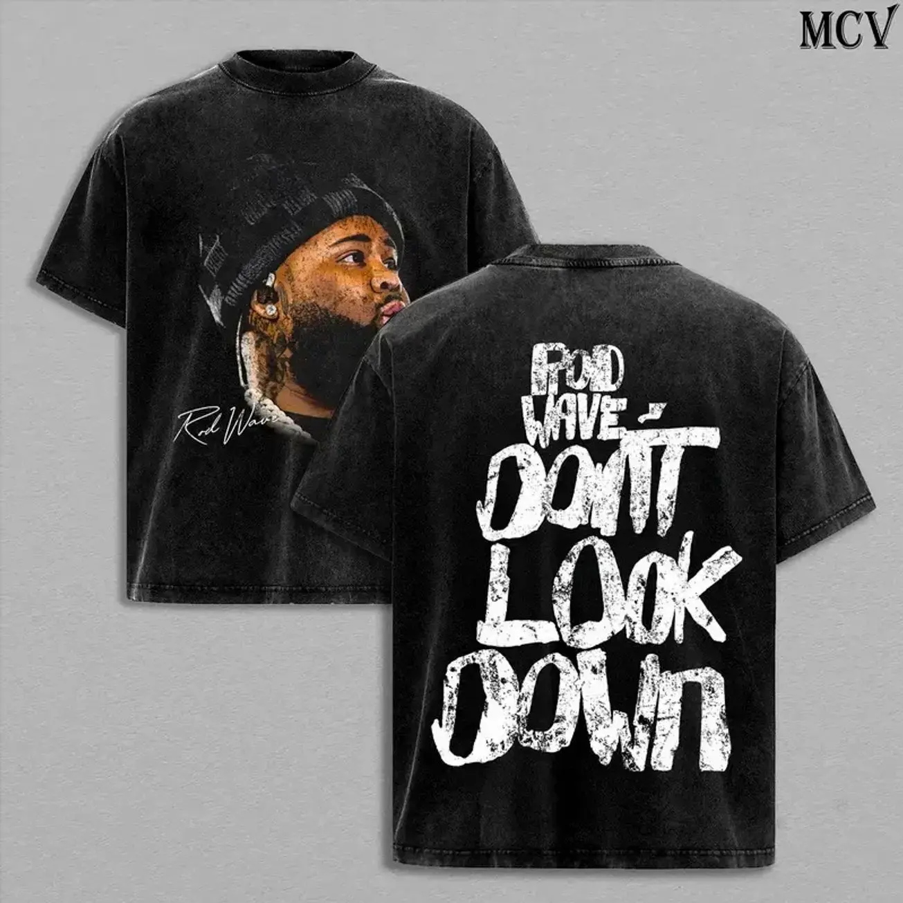 Don't Look Down Tour Tee Washed – Rod Wave Vintage Heavy Cotton Unisex Oversize Hip Hop Rap Graphic T-Shirt, Rod Wave Hoodie & Sweatshirt Retro Y2K Streetwear Concert Tour Music Merch for Men and Women Fans Menswear Oversized OWS