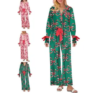 Matching Mommy & Me Christmas Pajama Set – Bow Print Lapel Long-Sleeve Button-Down Top and Drawstring Pants Sleepwear