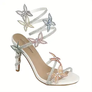 Women's Pink Rhinestone Butterfly High Heel Sandals - Pointed Toe, Slim Strappy Design, Fashionable Dress Shoes for All Seasons, Seasonal Versatility | Sparkling Sandals | Rubber Sole Stability