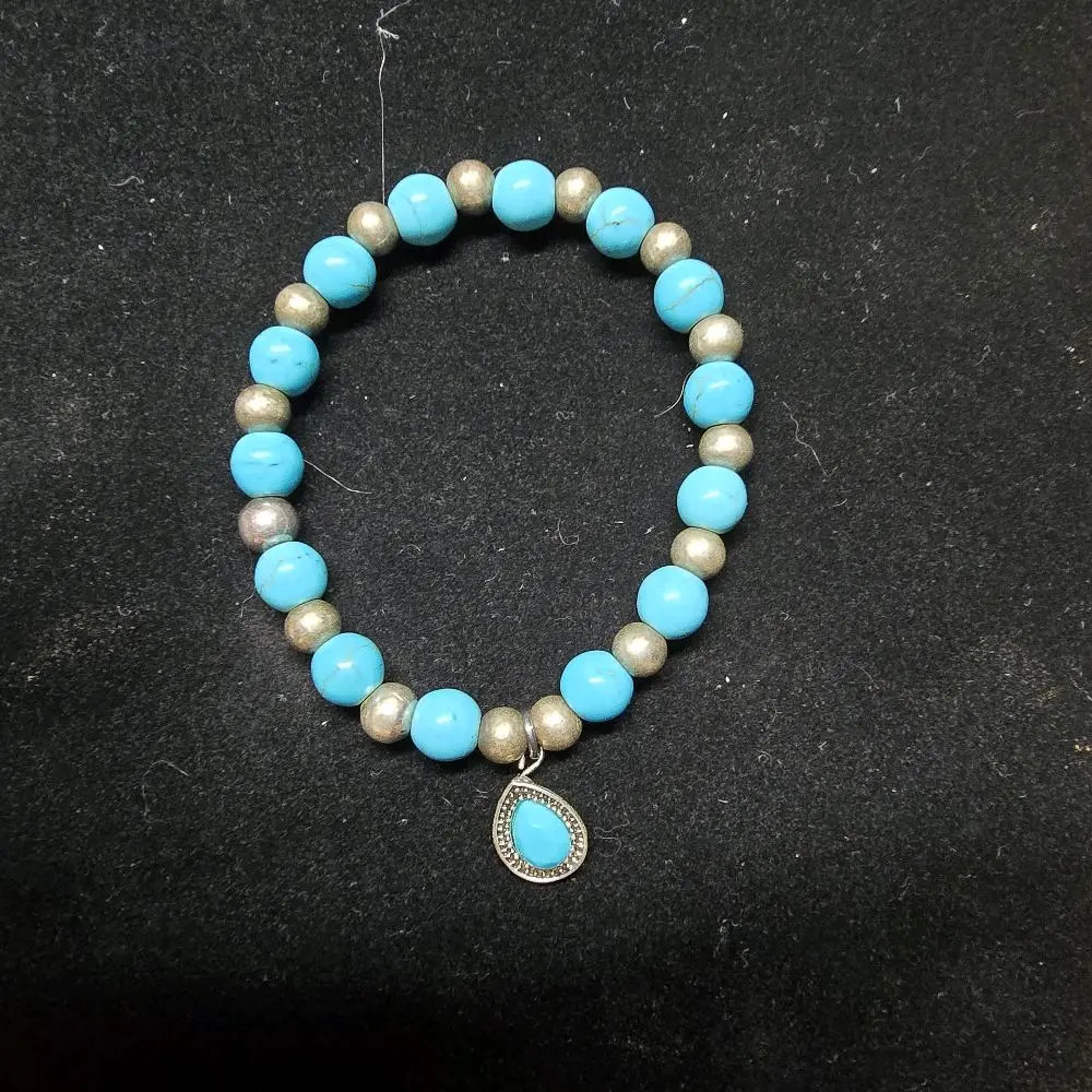 Vintage Turquoise Beads with Teardrop Charm on Stretchy Bracelet - Blue & Silver Bead Design