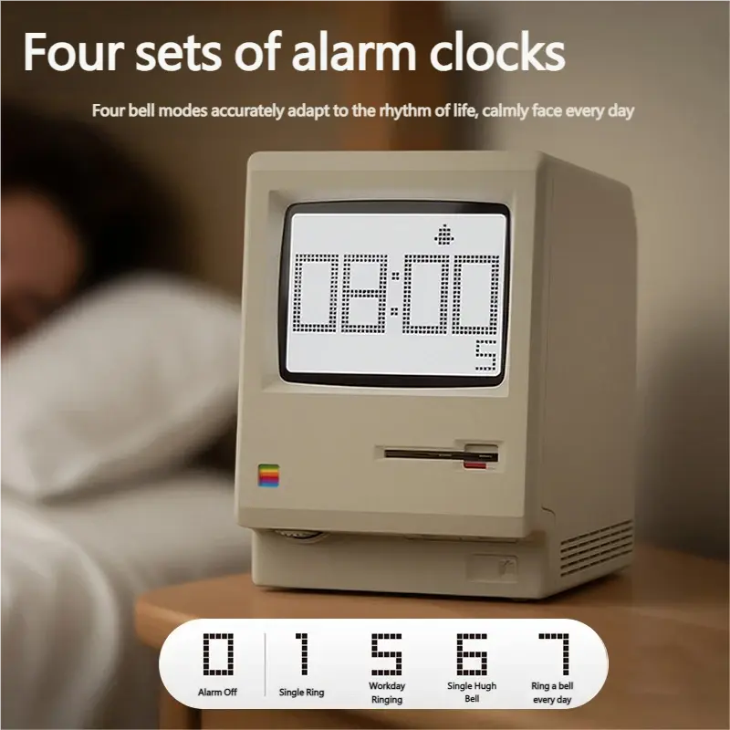 Maclock WB-08 Vintage Macintosh Alarm Clock Night Light USB Desktop Clock ABS Material 900mAh Battery 60 Days Backlight 110x103x120mm