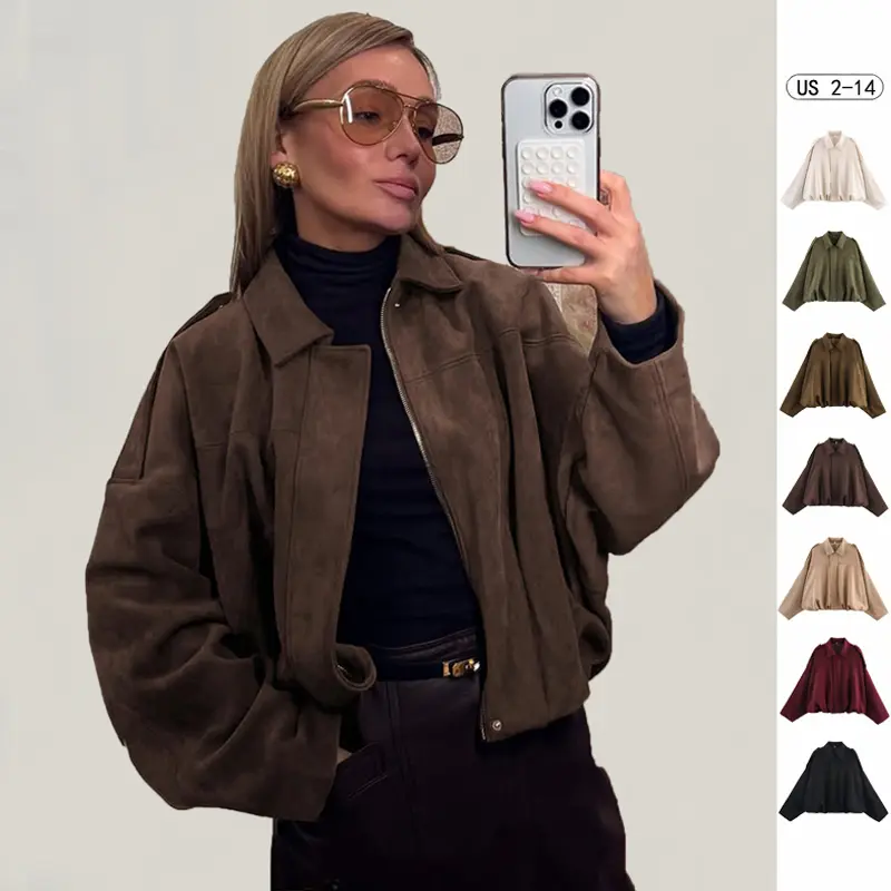 Women's Faux Suede Vintage Woven Bomber Coat - Collared Neck, Plain, Batwing Sleeves, Epaulets, Zip-Up Long Sleeve, Warm Oversized Dark Brown Casual Outerwear for Autumn Winter Everyday Wear (Suggest Size Down 1), Tops, Lady