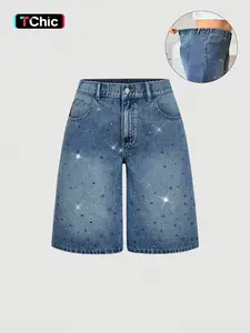 Trendy Rhinestone Fashion Design Women's Denim Mid-Thigh Pants, Spring Summer New Arrival, Elegant Sexy Style, Button Fly Closure