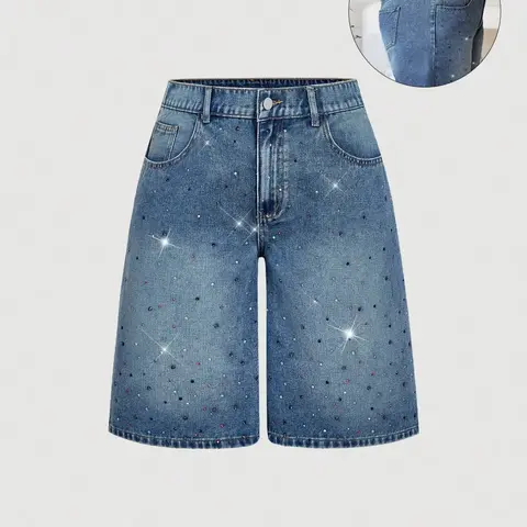 Trendy Chic Rhinestone Fashion Design Women's Button Front Denim Jean Fitted Mid-Thigh Pants Shorts, Bling Jeans, Spring Summer New Arrival, Elegant Sexy Style, Button Fly Closure, Bottom