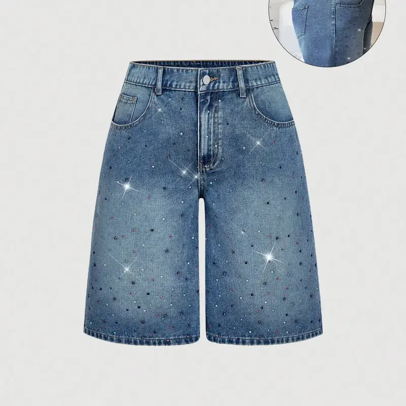 Trendy Chic Rhinestone Fashion Design Women's Button Front Denim Jean Fitted Mid-Thigh Pants Shorts, Bling Jeans, Spring Summer New Arrival, Elegant Sexy Style, Button Fly Closure, Bottom