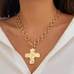 Gold Chunky Cross Necklace for Women Statement Cross Pendant Necklace Layered Hammered Bold Cross Necklace Vintage Toggle Clasp Necklace Jewelry