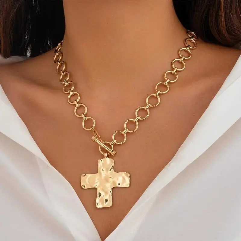 Gold Chunky Cross Necklace for Women, Statement Hammered Cross Pendant Necklace, Vintage Toggle Clasp Layered Jewelry