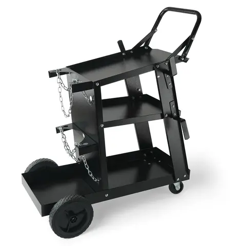 VEVOR Heavy Duty 3-Tier Welding Cart, 400 Lbs Capacity, 7in Stable Rear Roll, 360° Swivel PVC Wheels (Quiet Glide), Anti-Slip Handle, 2 Gas Cylinder Slots, 2 Stainless Steel Safety Chains, Rolling Cart for MIG/TIG/ARC Welders, Plasma Cutters, Welding Caps