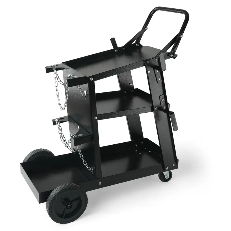 VEVOR Heavy Duty 3-Tier Welding Cart, 400 Lbs Capacity, 7in Stable Rear Roll, 360° Swivel PVC Wheels (Quiet Glide), Anti-Slip Handle, 2 Gas Cylinder Slots, 2 Stainless Steel Safety Chains, Rolling Cart for MIG/TIG/ARC Welders, Plasma Cutters, Welding Caps