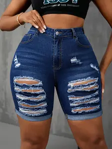 【Plus Size】 Ripped Button Fly Denim Shorts, Street Fashion Chic Pocket Design Denim Shorts for Daily Outdoor Wear, Women Plus Clothing for Summer