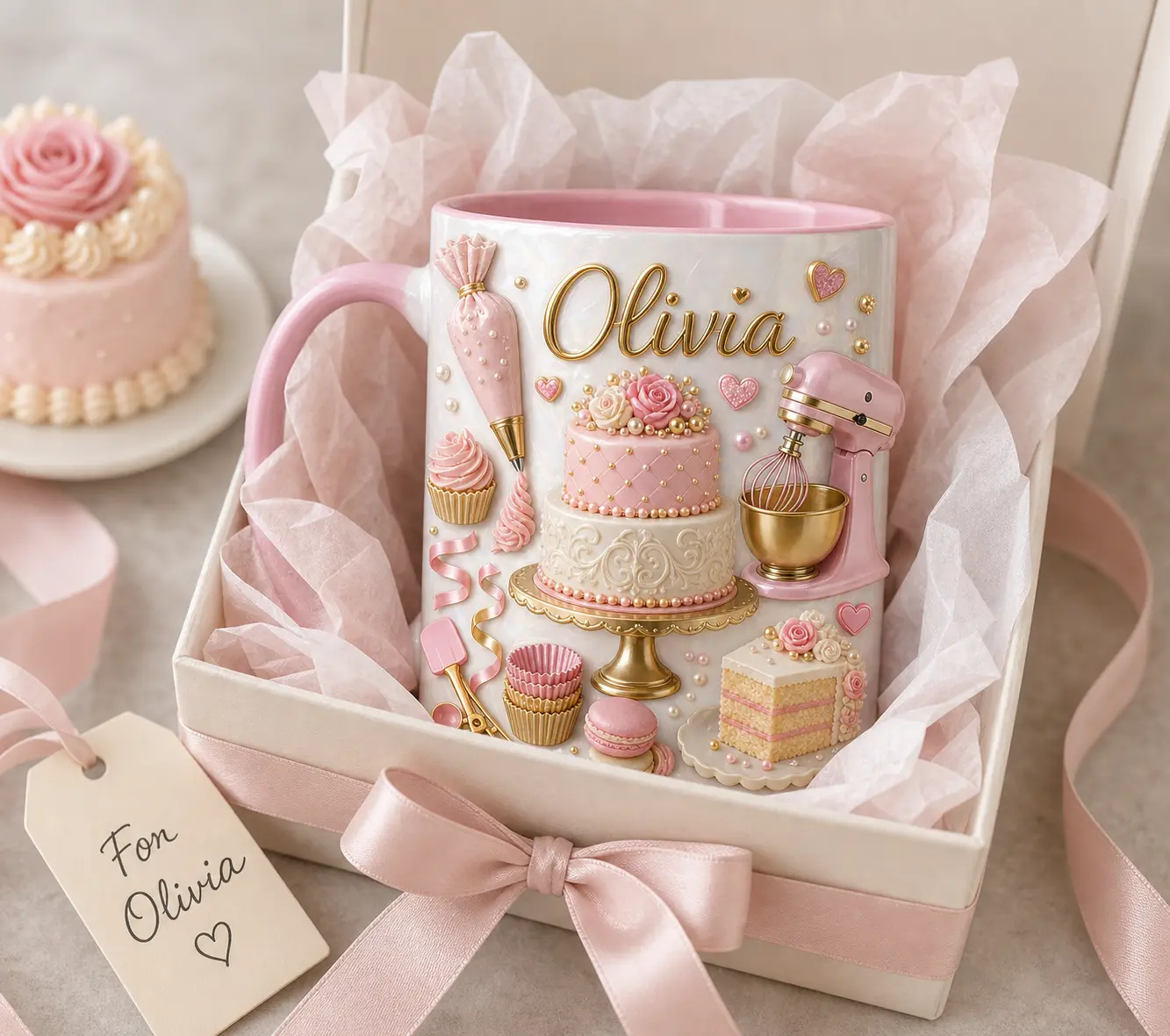 Personalized Baker Mug 2D Printed 3D Effect, Custom Name Ceramic Coffee Cup with Pink Cake Mixer Cupcake Design, Gift for Baker Women