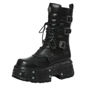 Women's Round Toe Platform Boots Gothic Ankle Strap Chunky Heel Boots Rock Punk Cowboyboot Combatboots