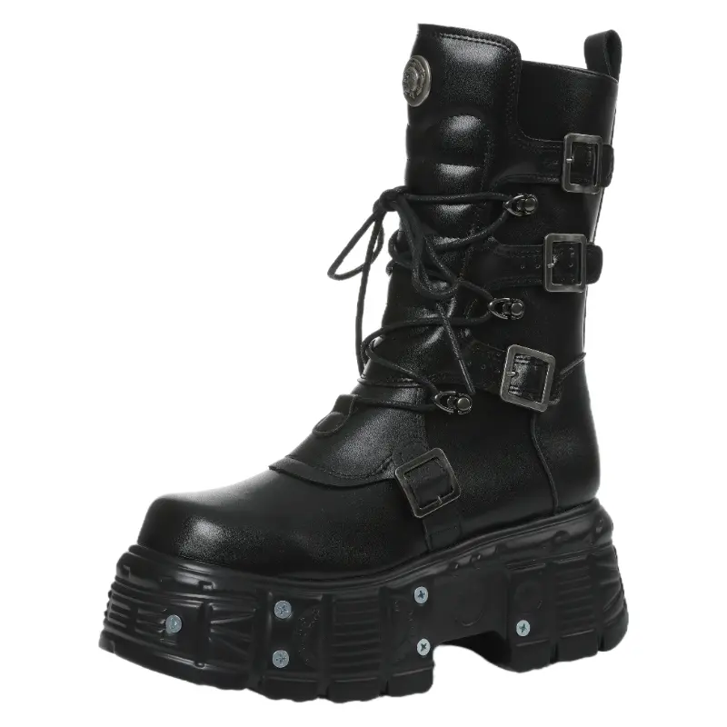 Women's PU Leather Mid-Calf Round Toe Platform Boots - Plain Gothic Ankle Strap Chunky Heel Lace-Up Buckle Statement Shoes, Rock Punk Cowboy Combat Footwear with Rubber Sole