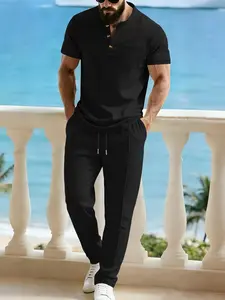 American Style Casual Men's Set, Waffle Henry Neck Top + Drawstring Long Pants, Versatile Vacation, Comfortable and Stylish