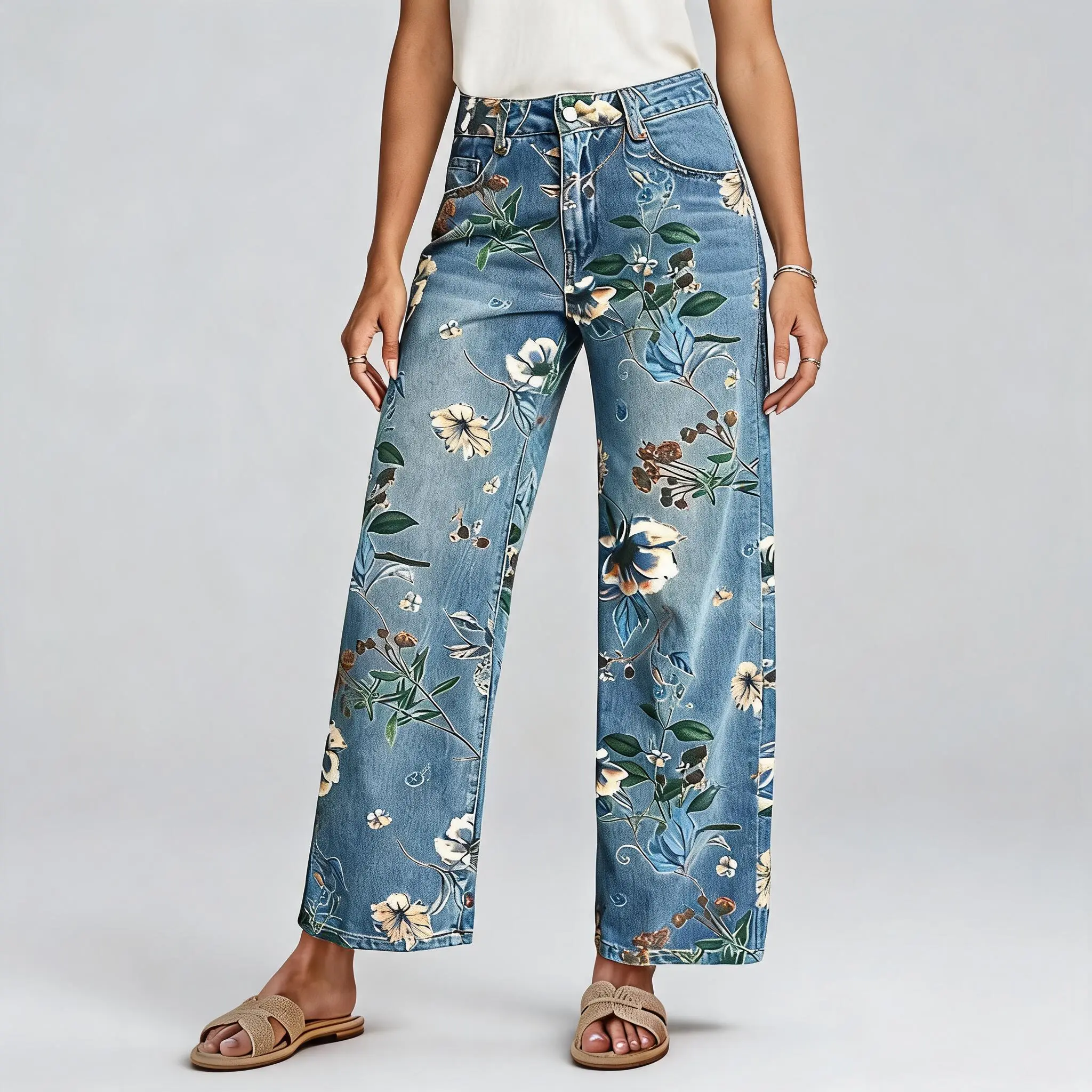 Women's Comfy Vintage Floral Printed Stretchy Cotton Loose H-Type Cut Wide-Leg Drape Lightweight Denim Jeans - Fit Breezy Pants, Casual Wear for Spring-Autumn Daily, Holiday