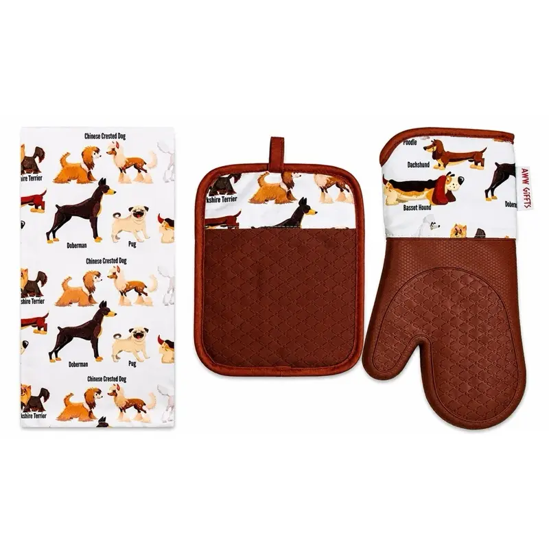 Aww Giffts Brown nose Dog Lover Kitchen Gift Set – Oven Mitt, Pot Holder & Tea Towel