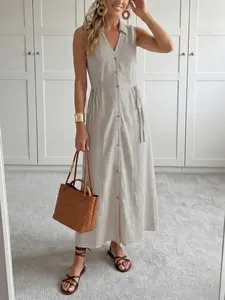 1 Piece 2026 TikTok Viral Women's Linen Button Down Maxi Dress, Spring Summer Light Beige Sleeveless Collared Drawstring Waist Casual Shirt Dress, Casual Fashionable Dress, Flattering Vacation Beach Outfits for Women Daily Wear Womenswear