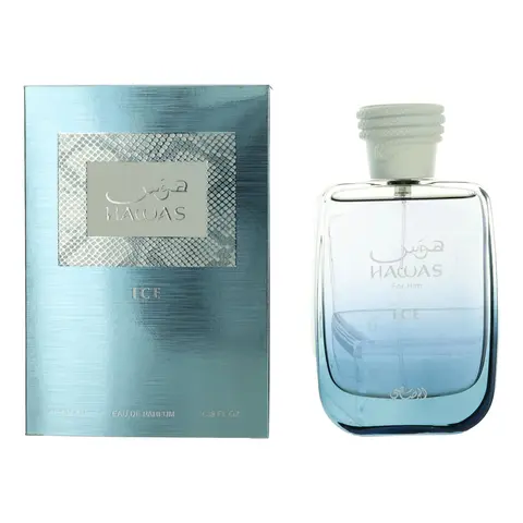 Men's Hawas Ice by Rasasi 3.38 oz EDP Spray - Long-Lasting Fresh Masculine Fragrance with Lemon Plum, Sicilian Bergamot, Fruity Notes, Amber, Musk, Ice-Design Perfume Bottle