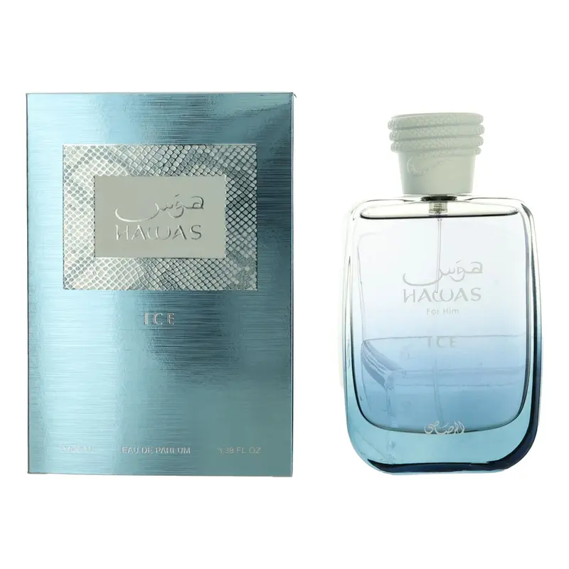 Men's Hawas Ice by Rasasi 3.38 oz EDP Spray - Long-Lasting Fresh Masculine Fragrance with Lemon Plum, Sicilian Bergamot, Fruity Notes, Amber, Musk, Ice-Design Perfume Bottle