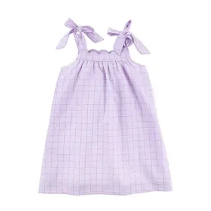 Purple Plaid Scalloped Tie Strap Dress