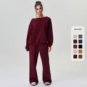 Women's Leisure Solid Color Sloping Shoulder Long Sleeve Top & Wide Leg Trousers Co-ord Set & Separates, Cozy Scoop Neck Loose Outfits, Basic Womenswear (CN)
