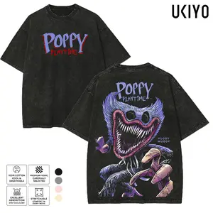 Poppy Playtime Graphic Tee | Vintage Mineral Washed Oversized T-Shirt | Horror Mechanical Monster White Line Art Heavyweight Cotton Menswear Streetwear Top