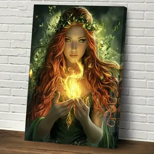 1 Piece Bridgid Celtic Goddess of Fire and Spring Canvas Wall Art - Framed, Ready to Hang, Vibrant Red Hair and Green Eyes, Wooden Frame, Perfect for Bedroom and Living Room Decoration, Mysterious Wall Art|Mysterious Design|Vivid Color Art, Celtic Home De