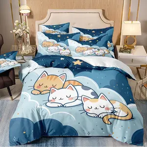 3-piece duvet cover set with cartoon cat pattern, 3D digital printing, suitable for bedroom and guest room home décor (1 duvet cover, 2 pillowcases, duvet insert not included). Machine washable, zippered design.