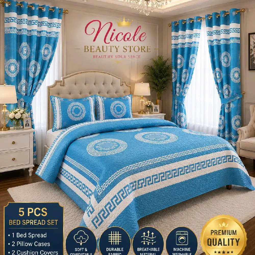 5 PCS Blue Luxury Bed Spread Set with Matching Curtains