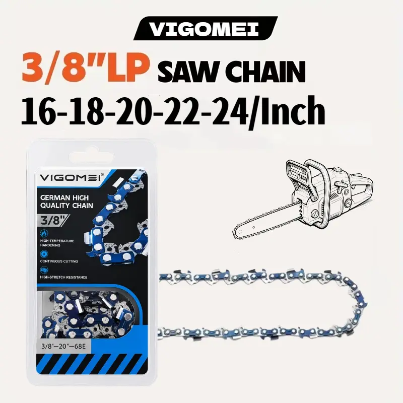 VIGOMEI 2PCS 3/8" 16"/18''/20''/22''/24''  Gas Chainsaw Chains, Pitch 0.058" Gauge, 59/64/68/76/84 Drive Links, VIGOMEI Durable Metal Construction, Outdoor Power Equipment Additions, Oil Saw Parts
