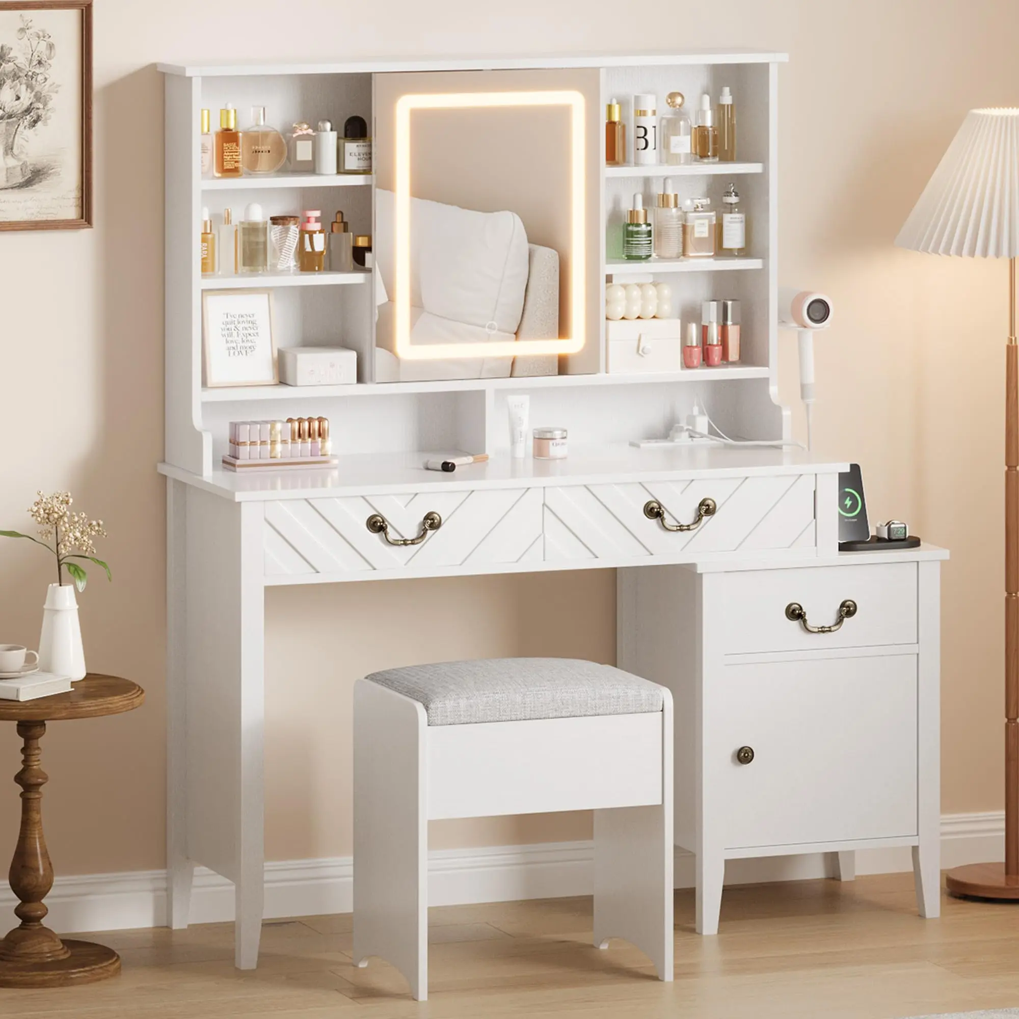Retractable Makeup Vanity Set - 41.3" Wide Tabletop, Adjustable Lighted Sliding Mirror, Stool, 2 AC Power Outlets Charging Station, Hair Dryer Rack, Drawers, Storage Cabinet, Waterproof, Easy Install, Sturdy Space-Saving for Daily Makeup Dressing Areas