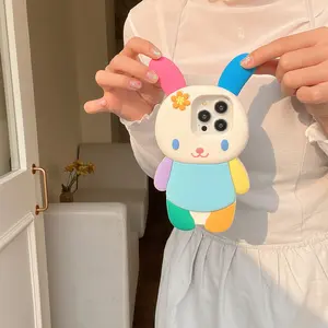 Dopamine, Rainbow, Rabbit, Luxury, Silicone, Phone Case, Suitable for iphone 13/14/15/16Pro, Jelly Texture, Creative, High-end, 16Plus Protective Cover, 13ProMax, with Three-dimensional Ears, Colorful