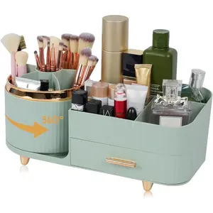 Makeup Organizer Countertop with Drawer 360 Rotating Brush Holder Storage Large Capacity Skincare Cosmetic Display Cases for Vanity Bathroom Desktop, Model 3016 Green