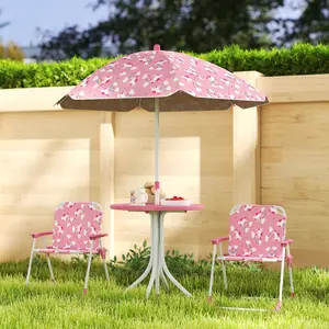 Children's Pink Picnic Table and Chair Set - 2 Folding Chairs, Included Umbrella - Indoor-Outdoor Backyard Garden Furniture