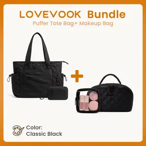 All Black Top Laptop Tote Bag & Travel Makeup Bag for Women